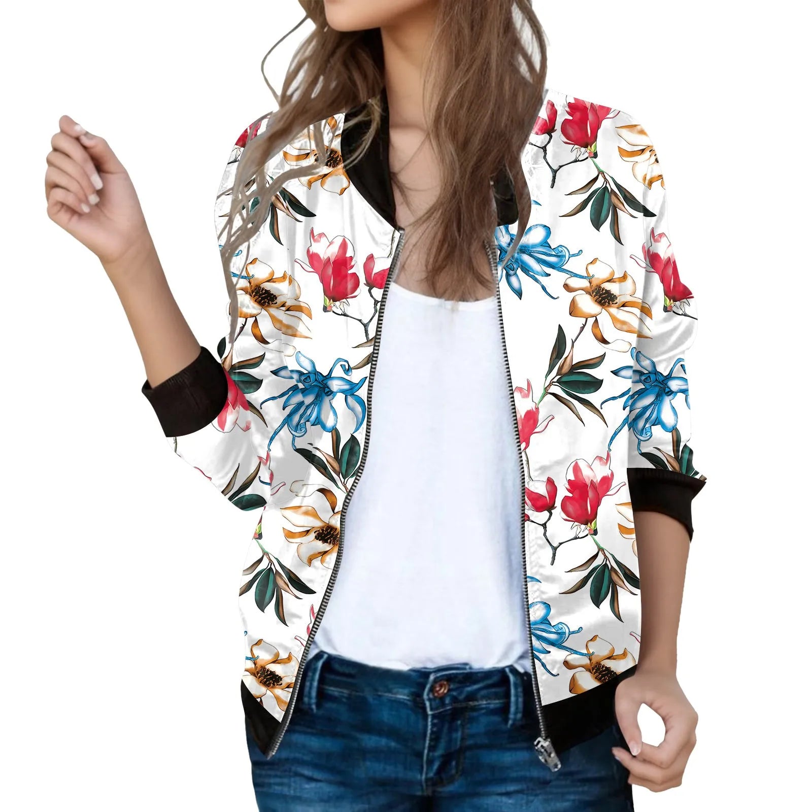 Vintage Inspired Patterned Bomber Jacket with Casual Streetwear Silhouette