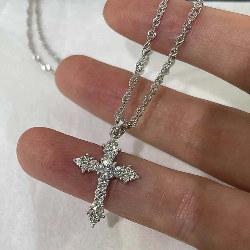 Crystal Cross Pendant Necklace for Gothic Dark Feminine and Y2K Styling