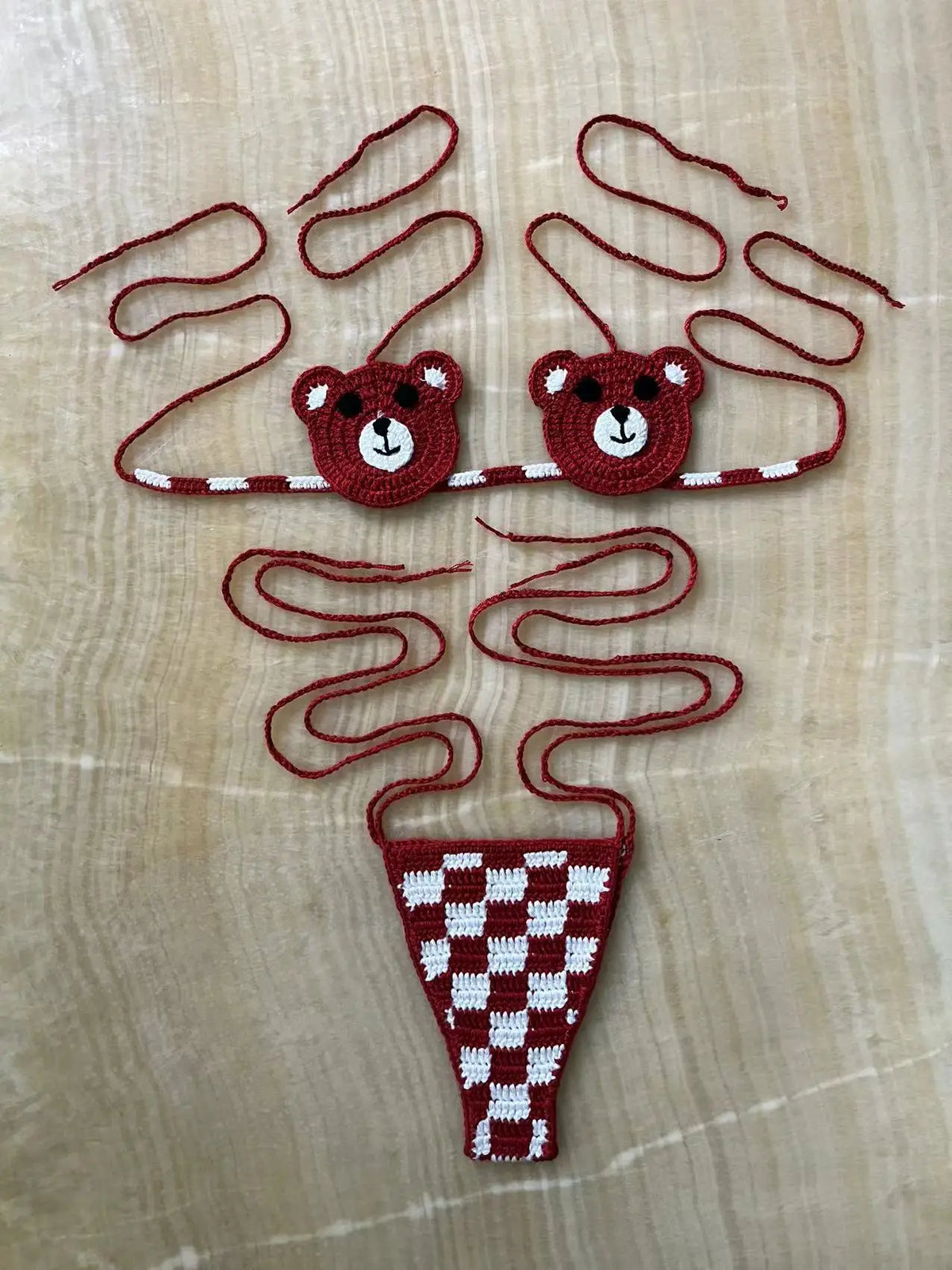 Red and White Crochet Micro Bikini with Bear Motif and Checkered Bottom