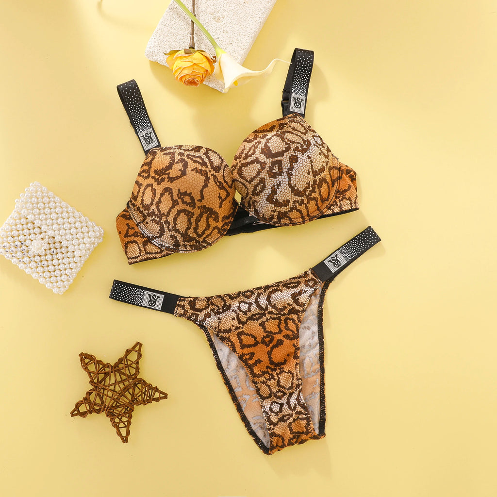 Bold Embellished Strap Push-Up Bra and Coordinated Thong Set