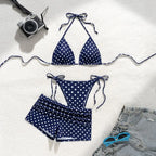 Classic Navy Polka Dot Three-Piece Bikini Set with Matching Swim Shorts
