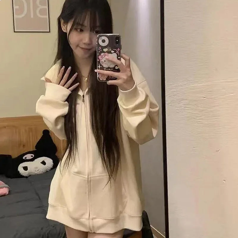 Women's Oversized Zip-Up Hoodie with Minimal Typography Casual Streetwear Layering Style