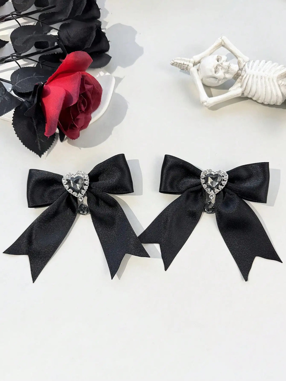 Gothic Lace Bow Hair Clips With Cross Chain Statement Accents