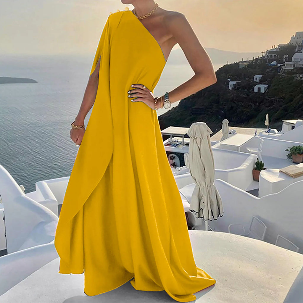 One Shoulder Pleated Maxi Dress with Relaxed Bohemian Silhouette