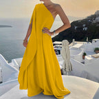 One Shoulder Pleated Maxi Dress with Relaxed Bohemian Silhouette