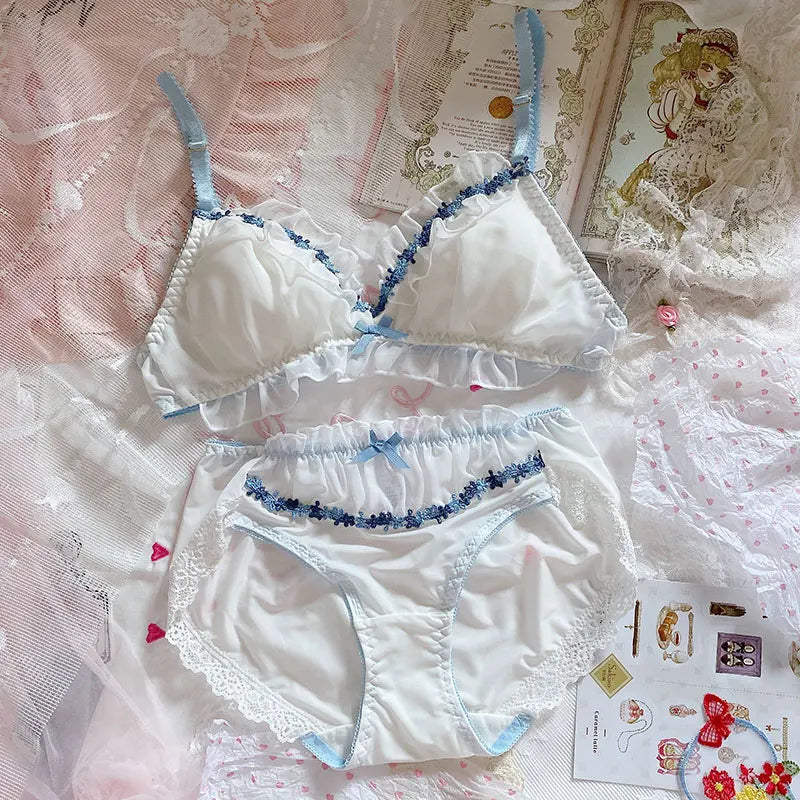 Ethereal Lavender Floral Embroidery Sheer Underwire Lingerie Set with Tie-Side Thong