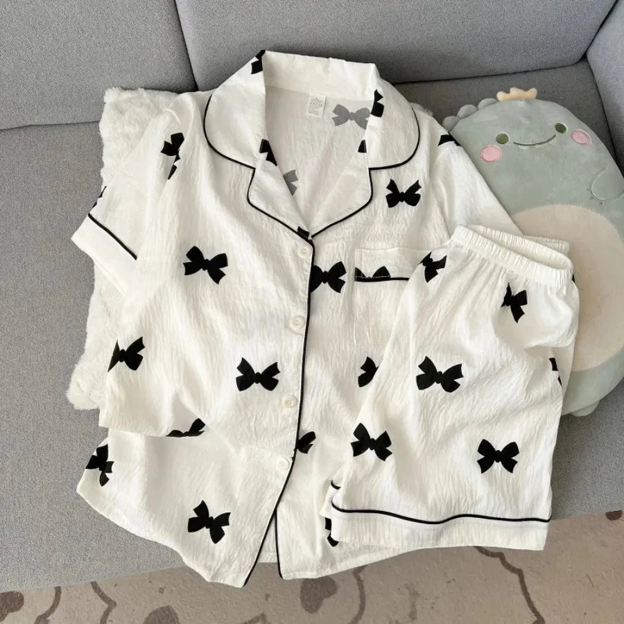 Women's Bow Print Button-Front Pajama Set, Sleeveless Lapel-Style Top and Matching Shorts, Soft Casual Summer Loungewear
