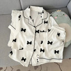 Women's Bow Print Button-Front Pajama Set, Sleeveless Lapel-Style Top and Matching Shorts, Soft Casual Summer Loungewear