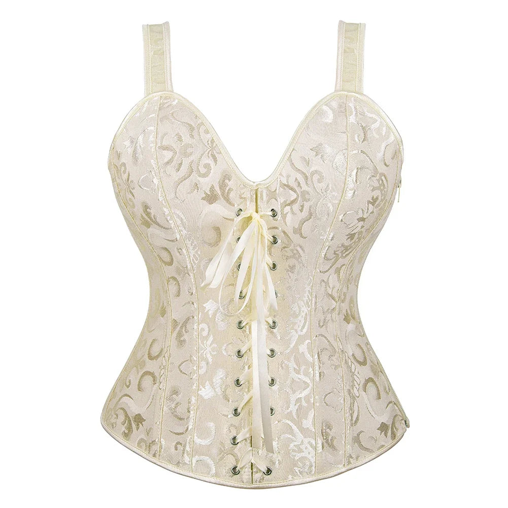 Vintage Floral Tapestry Overbust Corset with Wide Straps and Structured Seaming