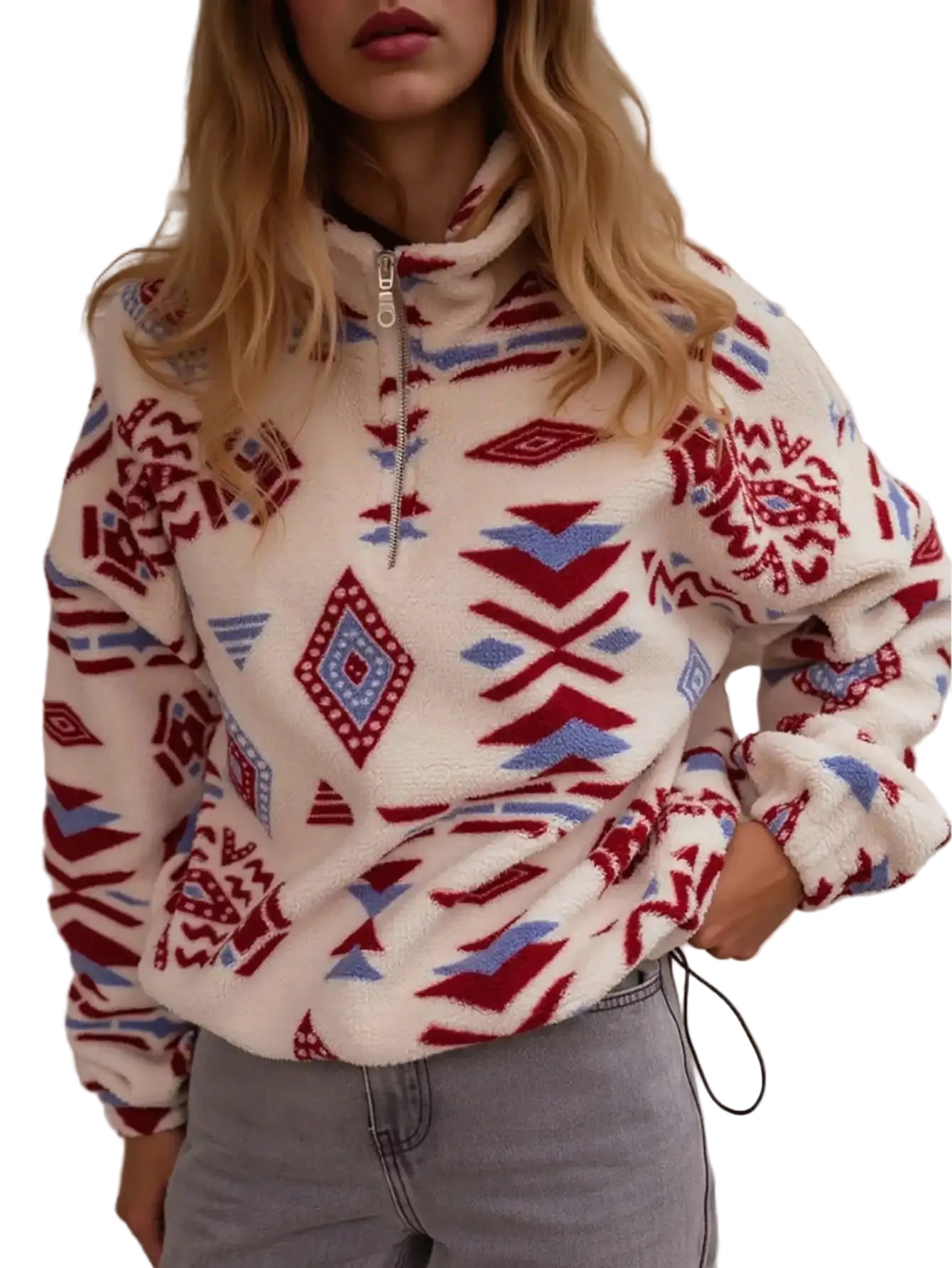 Women's Geometric Fleece Half-Zip Pullover with Relaxed Fit for Cozy Winter Style