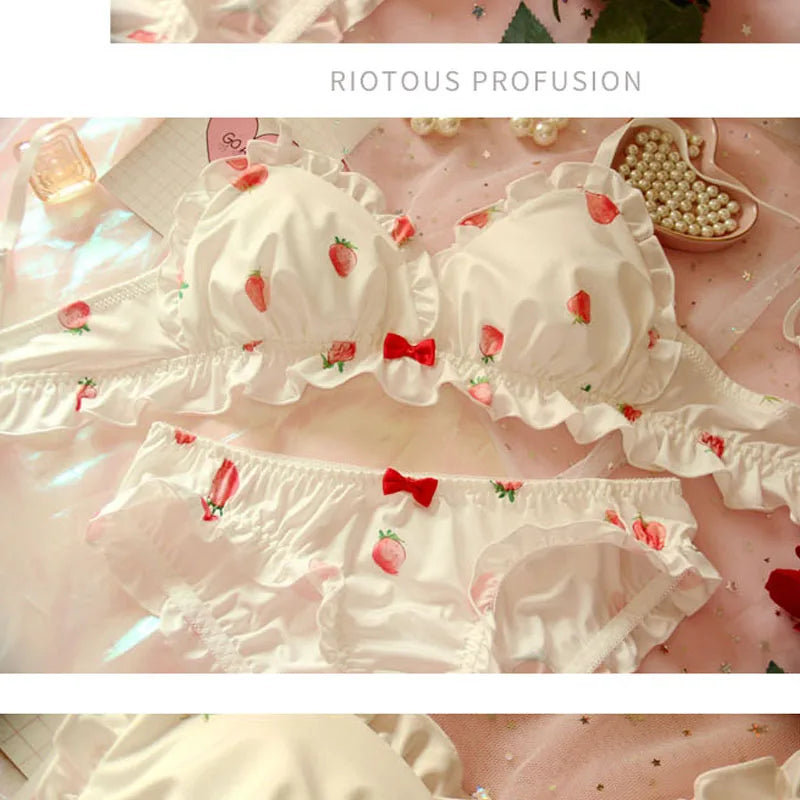 Whimsical Strawberry Print Ruffled Underwire Bra and Panty Set