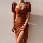 Square Neck Wrap Maxi Dress with Puff Sleeves and Side Split