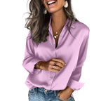 Classic Solid Black Satin-Finish Button-Down Blouse with Straight Silhouette