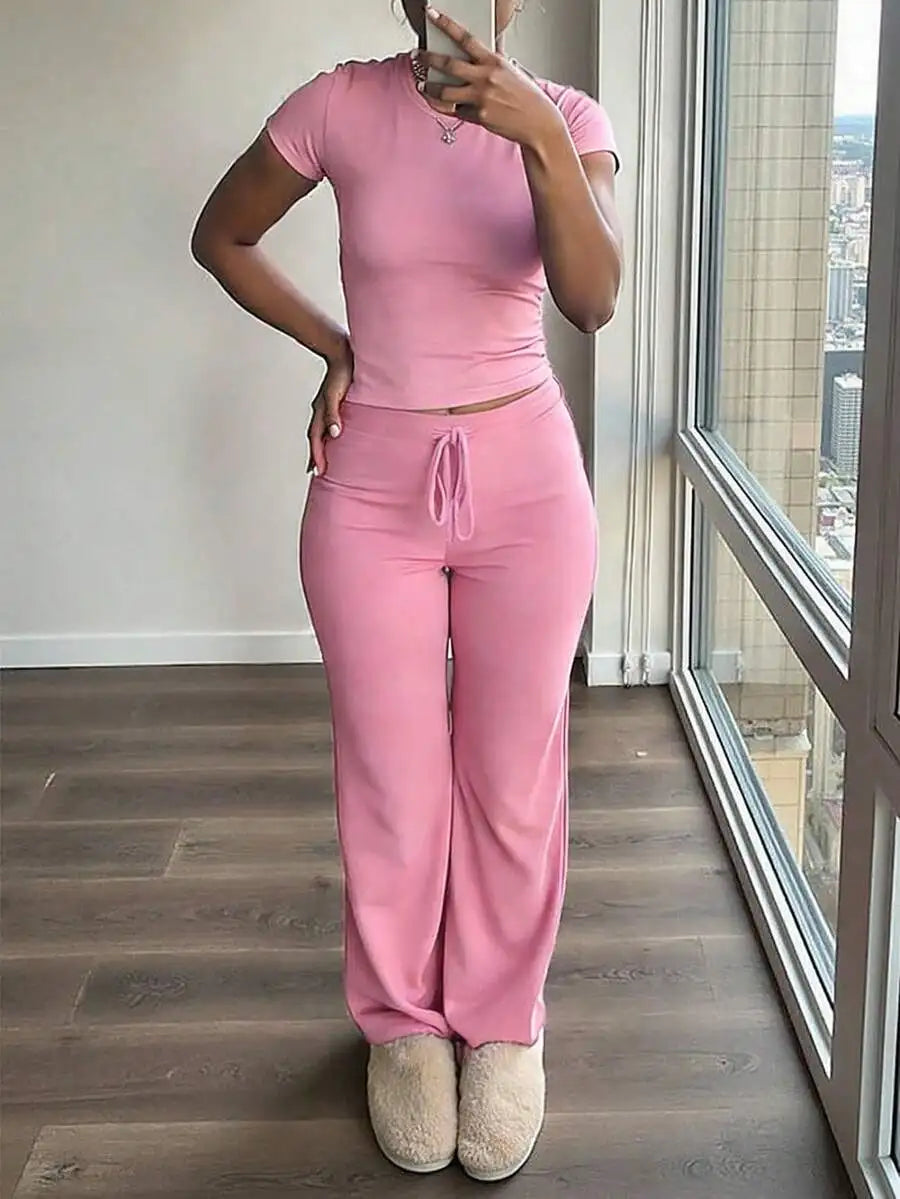 Women's Short Sleeve T-Shirt and Pants Co-Ord Set Relaxed Casual Outfit
