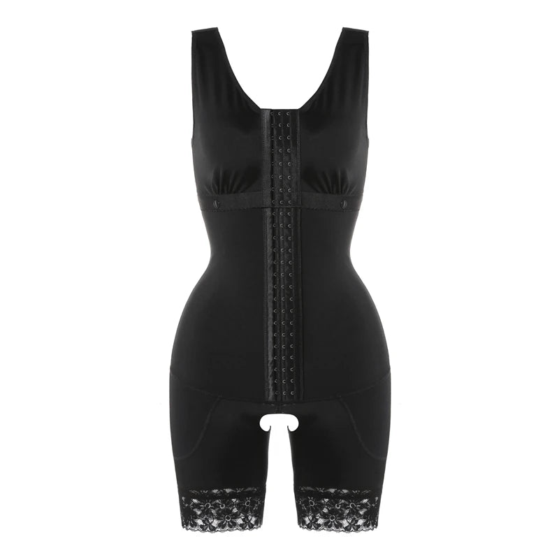 Open-Bust Mid-Thigh Bodysuit with Multi-Row Hook Closure and Lace Hem