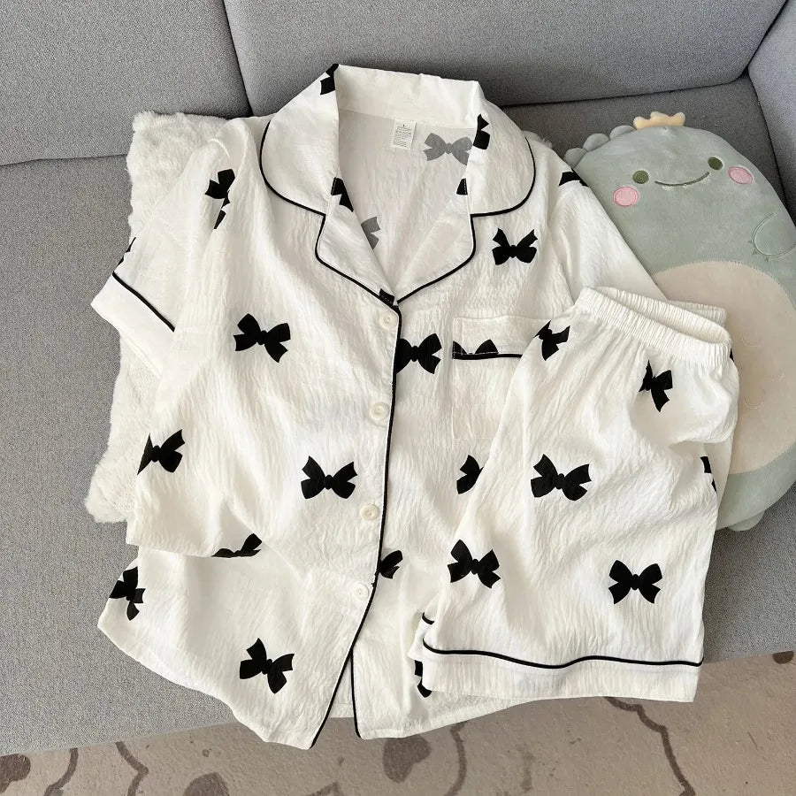 Women's Bow Print Button-Front Pajama Set, Sleeveless Lapel-Style Top and Matching Shorts, Soft Casual Summer Loungewear