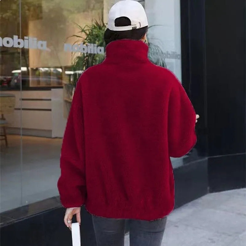 Women's Plush Fleece Zip-Up Jacket with Stand Collar Cozy Streetwear Winter Outerwear