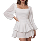 Romantic White Chiffon-Style Mini Dress with Billowing Sleeves and Tiered Ruffles