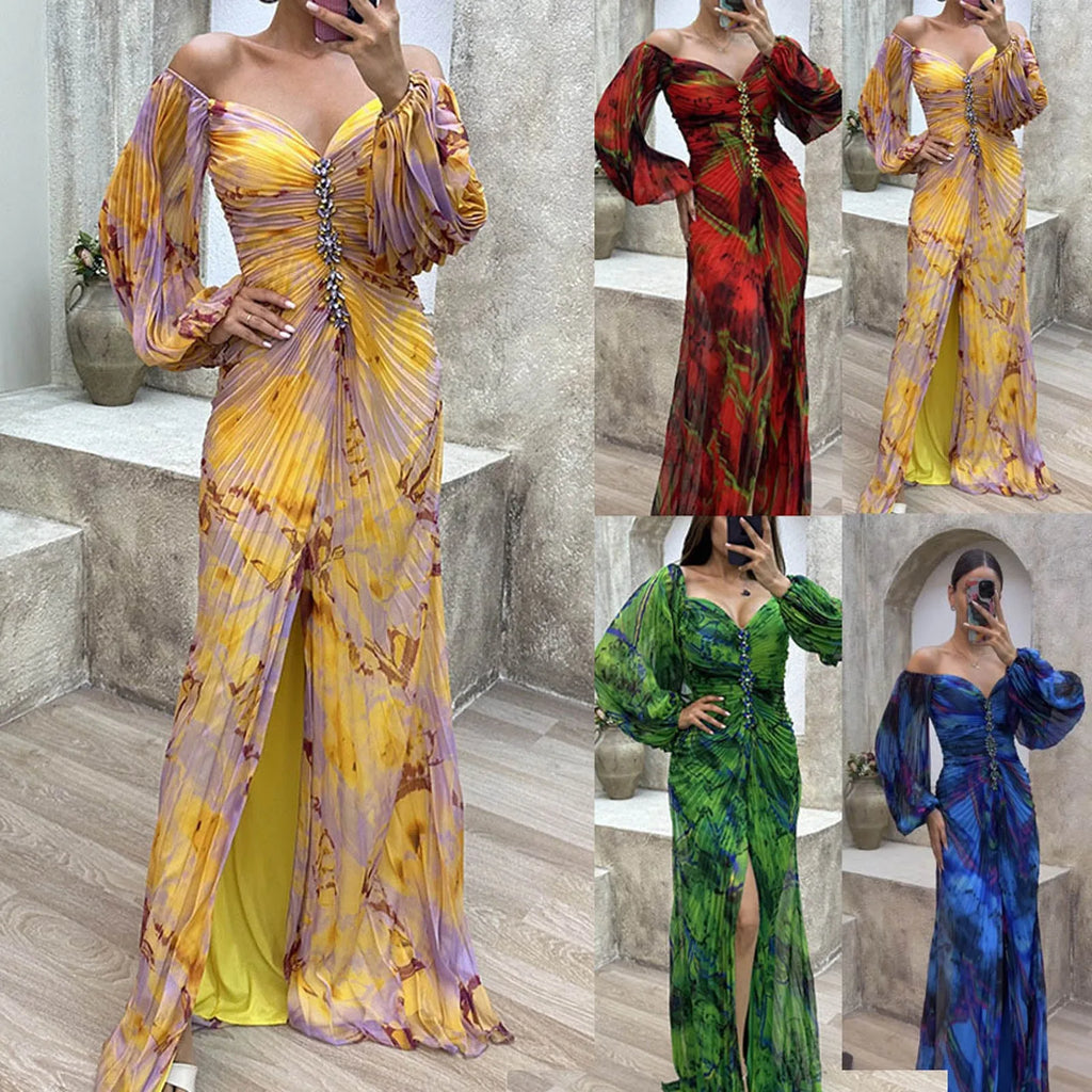 Printed Maxi Dress With Draped Sleeves And Side Slit Detail
