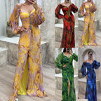 Printed Maxi Dress With Draped Sleeves And Side Slit Detail