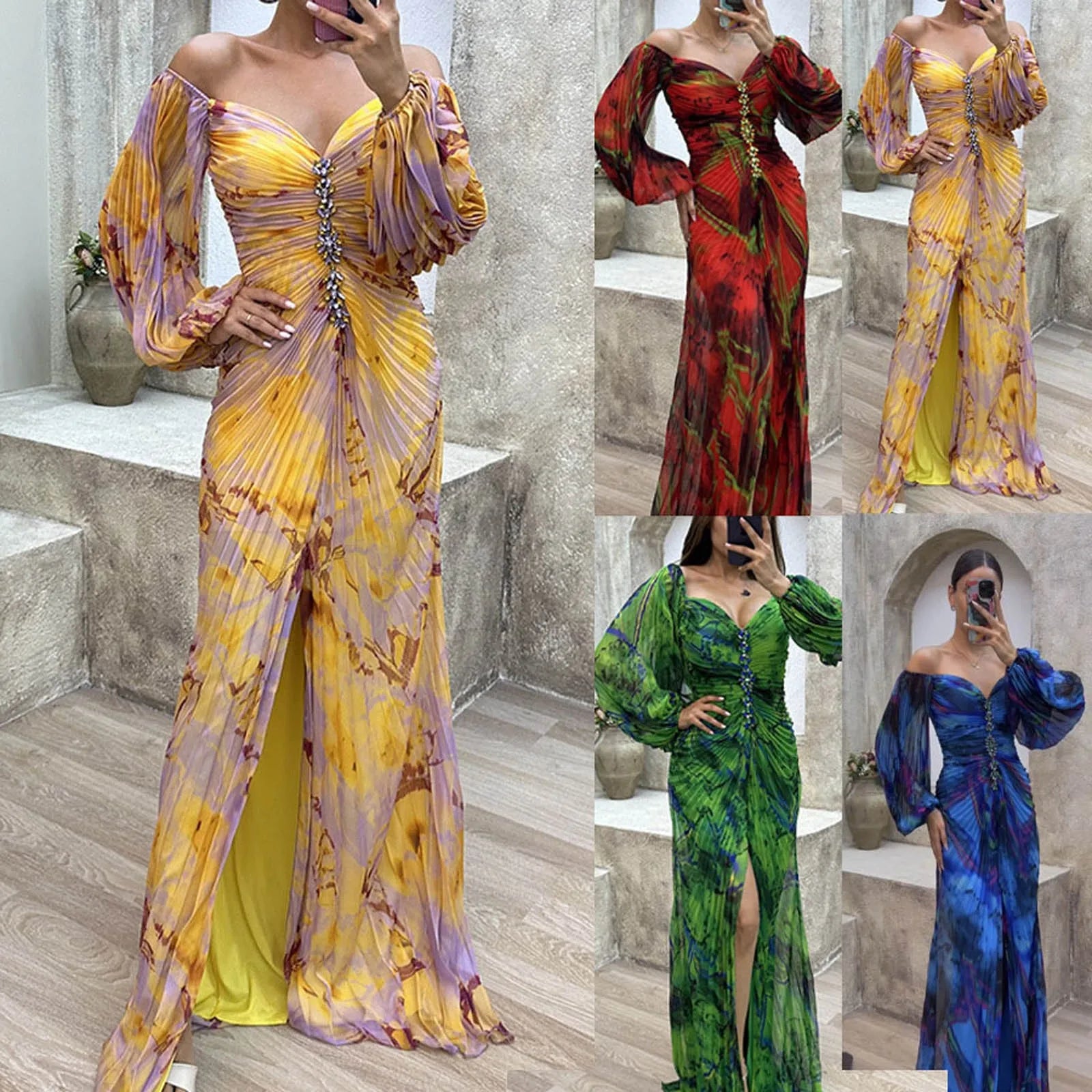 Printed Maxi Dress With Draped Sleeves And Side Slit Detail