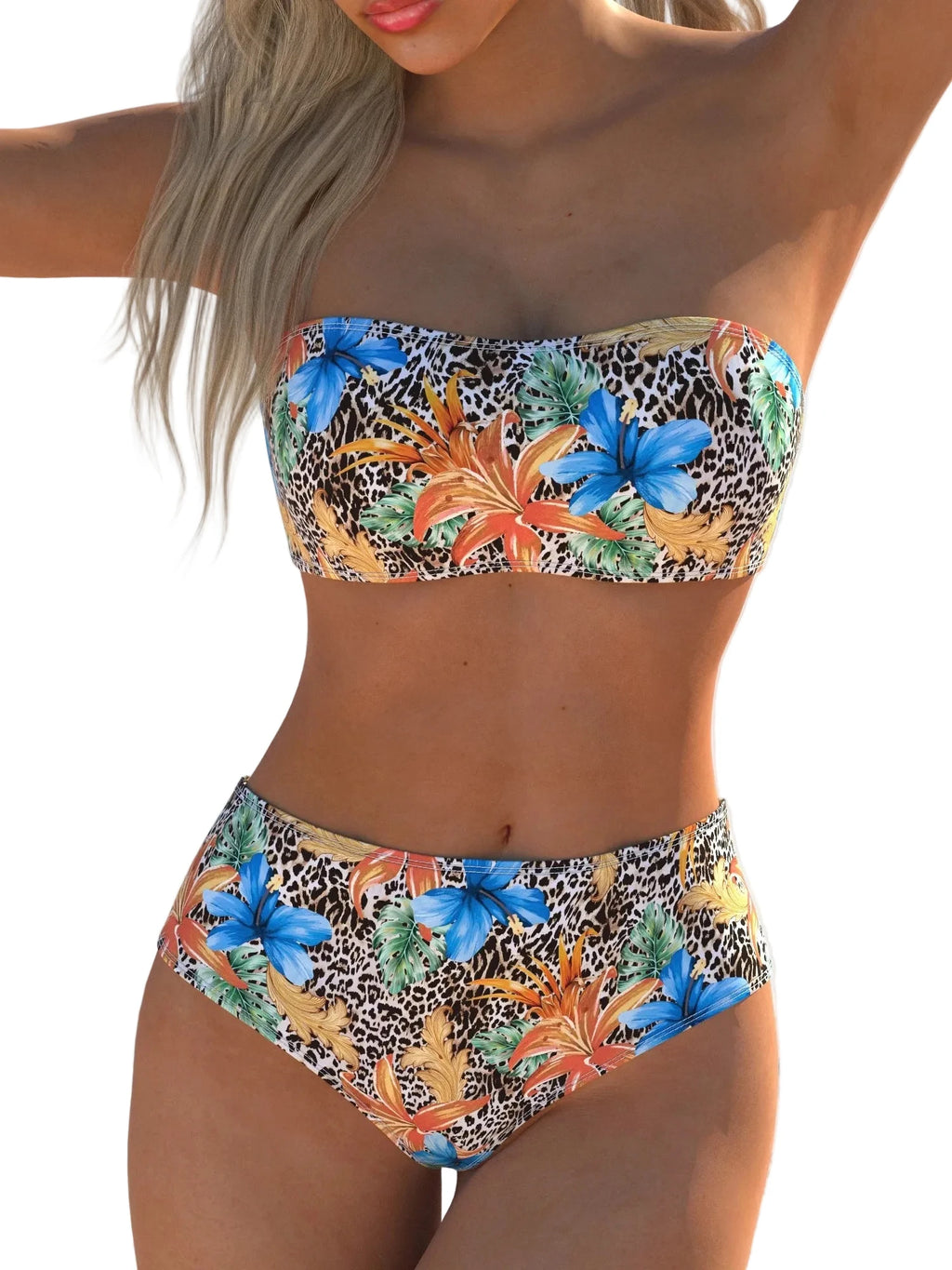 Tropical Floral and Leopard Print Bandeau Bikini Set with Mid-Waist Bottoms