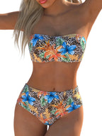 Tropical Floral and Leopard Print Bandeau Bikini Set with Mid-Waist Bottoms