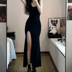 Anime-Inspired Elegant Side Slit Gothic Maxi Dress with Minimal Streetwear Style