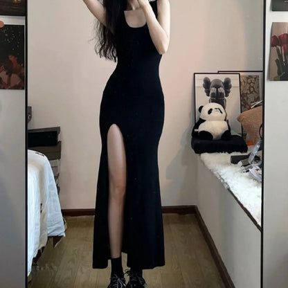 Anime-Inspired Elegant Side Slit Gothic Maxi Dress with Minimal Streetwear Style
