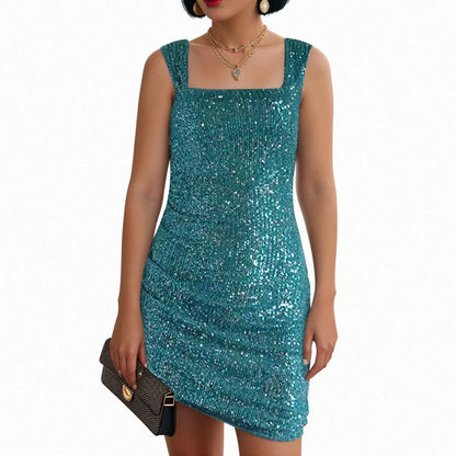 Sparkle Sequin Bodycon Mini Dress with Square Neckline and Sleek Party Fit