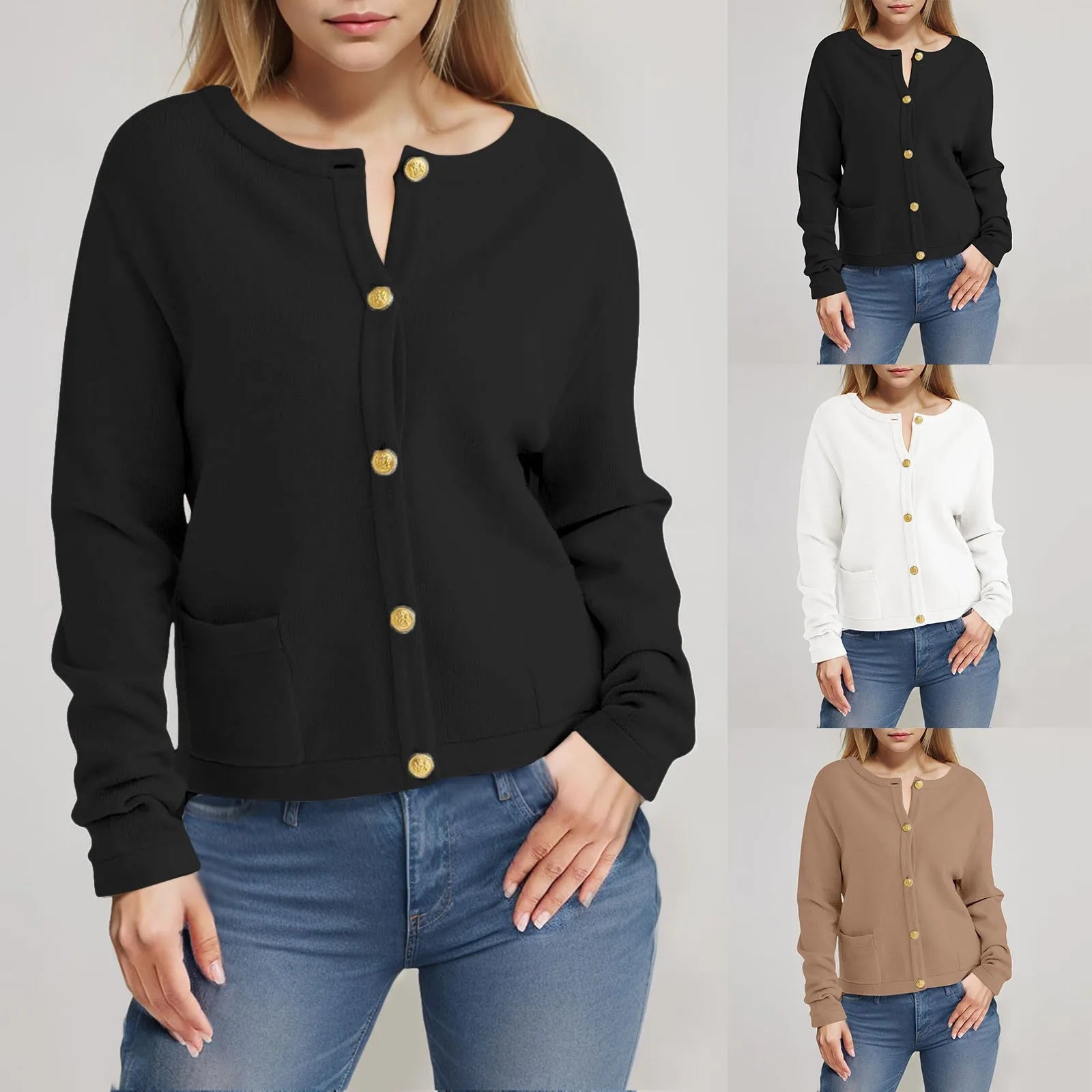 Women's Crew Neck Button Front Cardigan with Relaxed Everyday Fit and Pockets