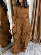 Women's High Waist Oversized Wide Leg Ruffle Detail Trousers with Drawstring Waist
