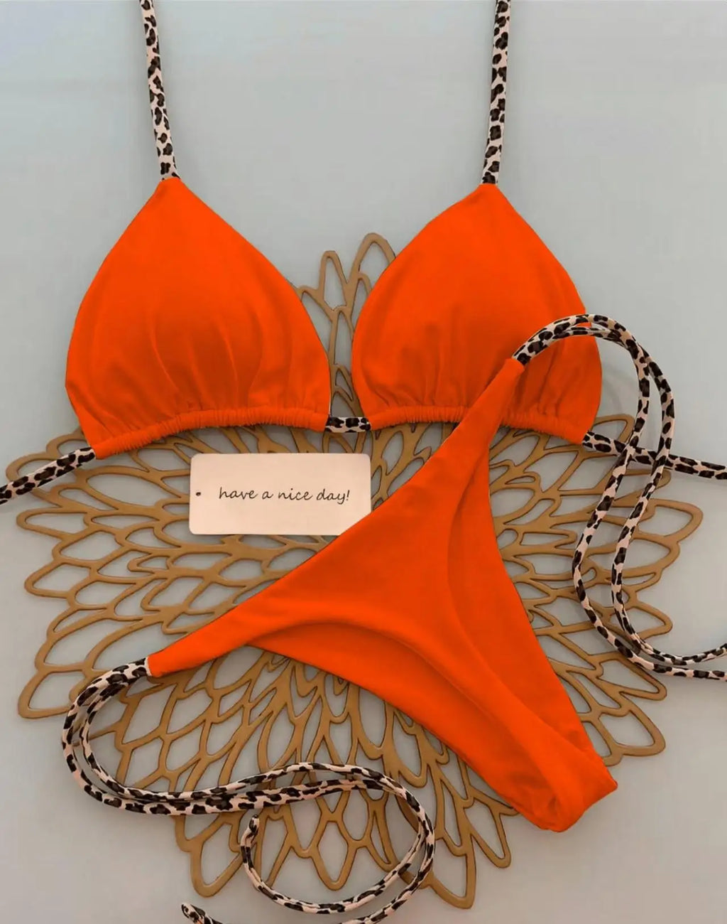 Contrast Leopard Strap Two-Piece Bikini with High-Cut Silhouette