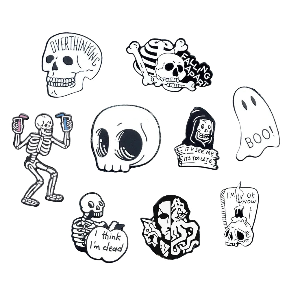 Ghostly Skull and Skeleton Enamel Pin Collection for Alternative Fashion