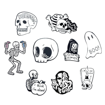 Ghostly Skull and Skeleton Enamel Pin Collection for Alternative Fashion