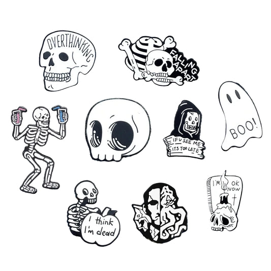 Ghostly Skull and Skeleton Enamel Pin Collection for Alternative Fashion