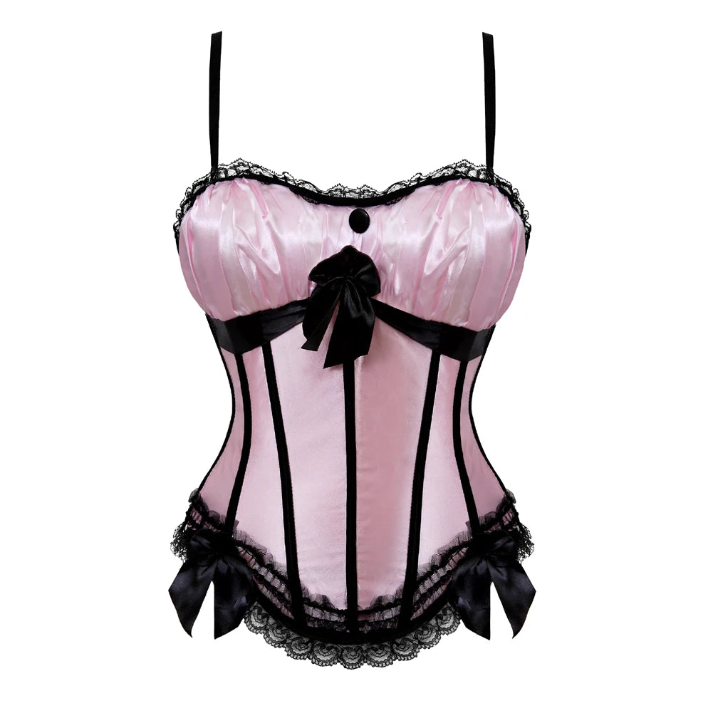 Red and Black Polka Dot Overbust Corset with Lace Overlay and Ruffled Trim
