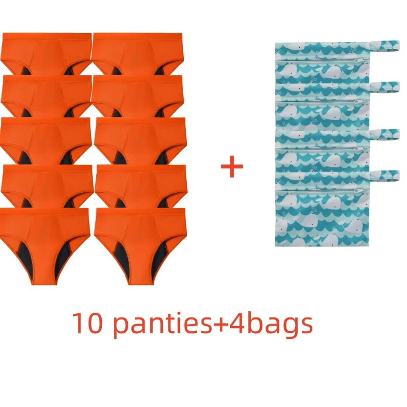 Five-Piece Solid Black Menstrual Brief Set with Two Printed Travel Bags