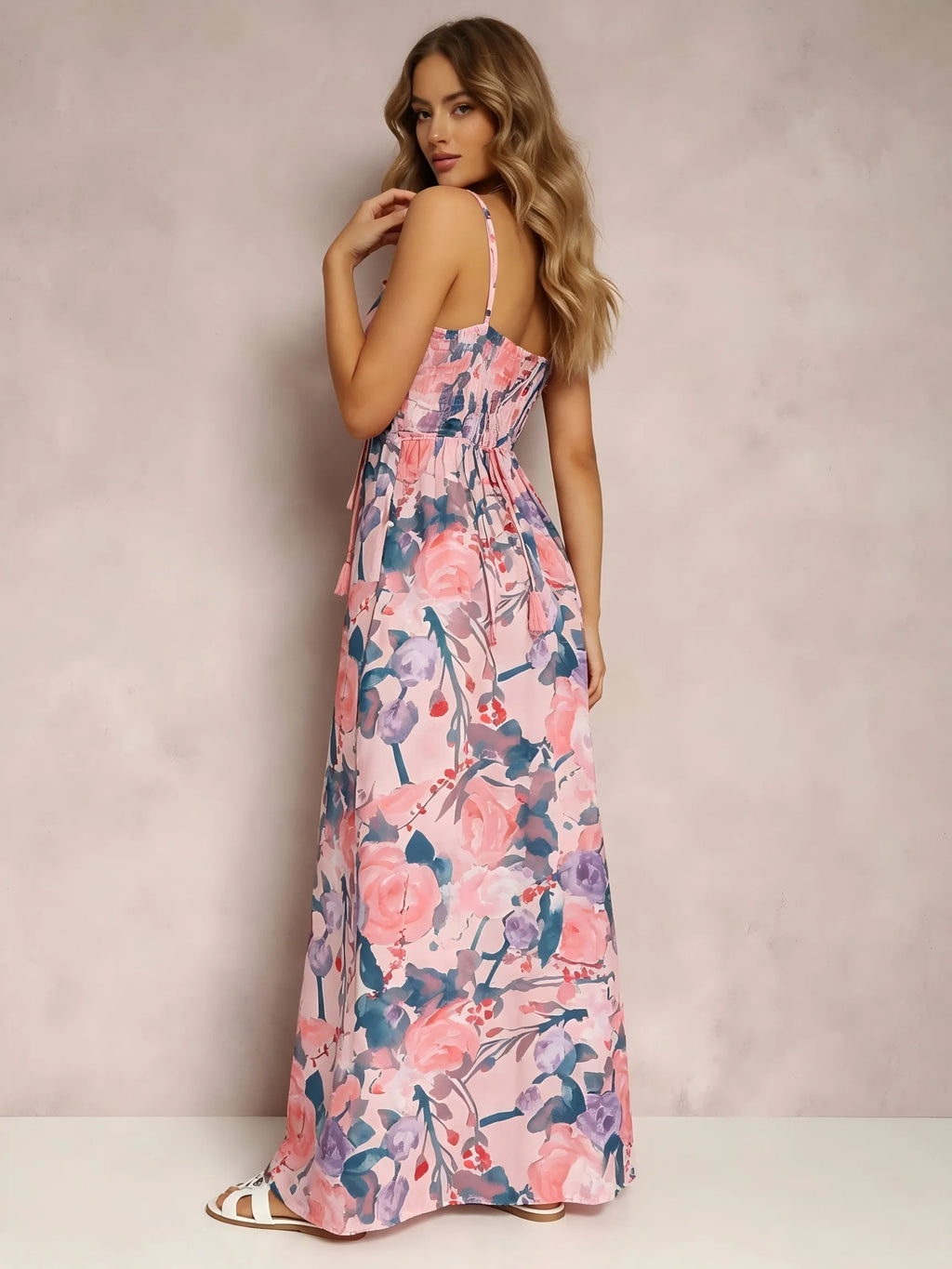 Romantic Watercolor Floral V-Neck Maxi Dress with Tie Waist