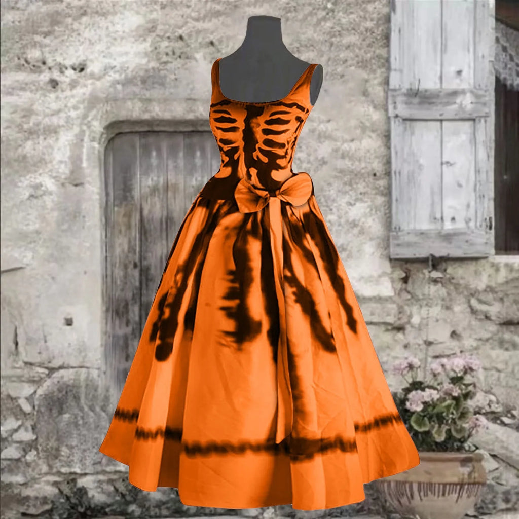 Halloween Skeleton Ribcage Print Flared Swing Dress with Waist Bow