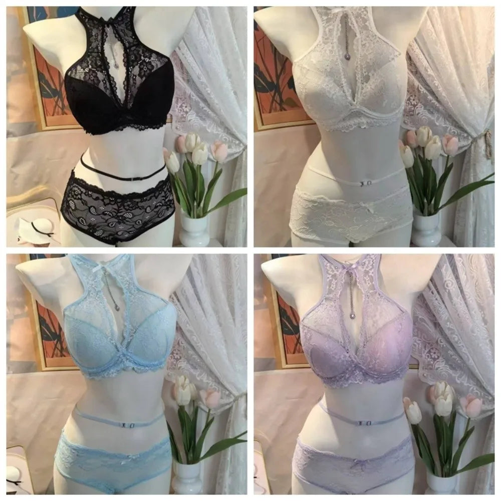 Crisp White Floral Lace High-Neck Halter Bralette and Panty Set