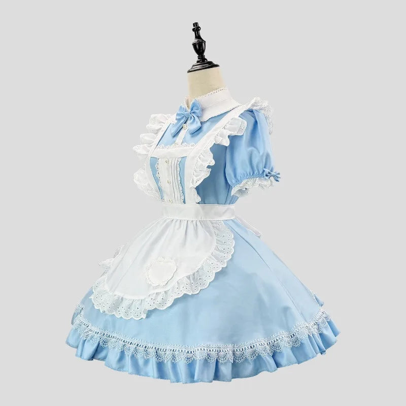 Sky Blue and White Alice-Inspired Maid Dress with Ruffled Apron and Matching Headband