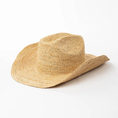 Unisex Handwoven Raffia Cowboy Hat with Wide Brim for Beach and Outdoor Summer Style