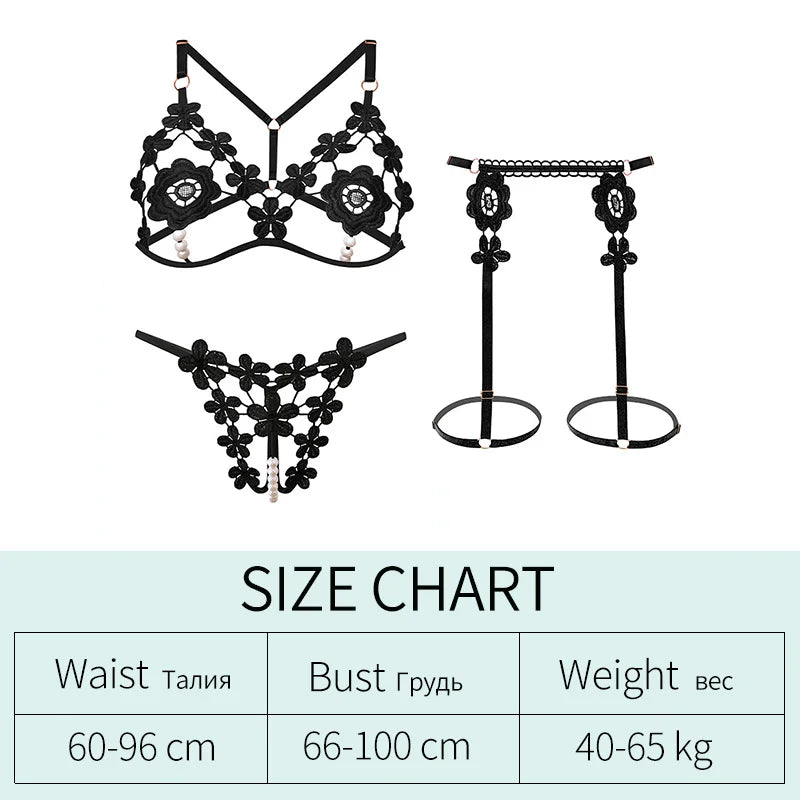 Vibrant Red Strappy Floral Appliqué Three-Piece Open Lingerie Set