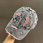 Vintage Distressed Washed Denim Style Baseball Cap with Ripped Detail for Casual Streetwear Fashion