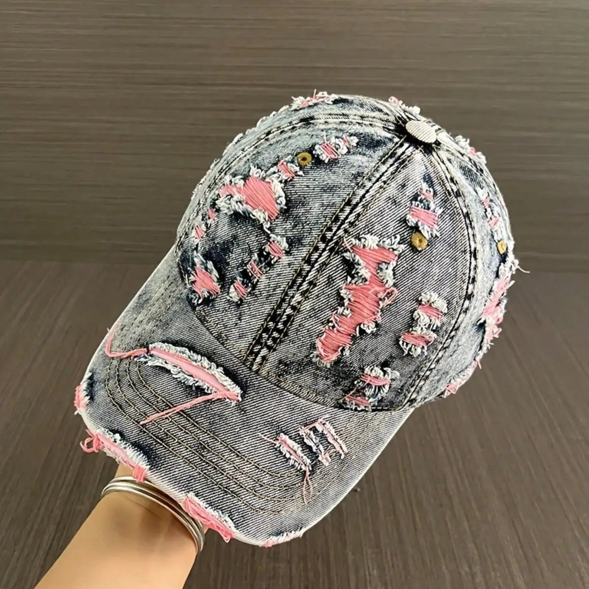 Vintage Distressed Washed Denim Style Baseball Cap with Ripped Detail for Casual Streetwear Fashion