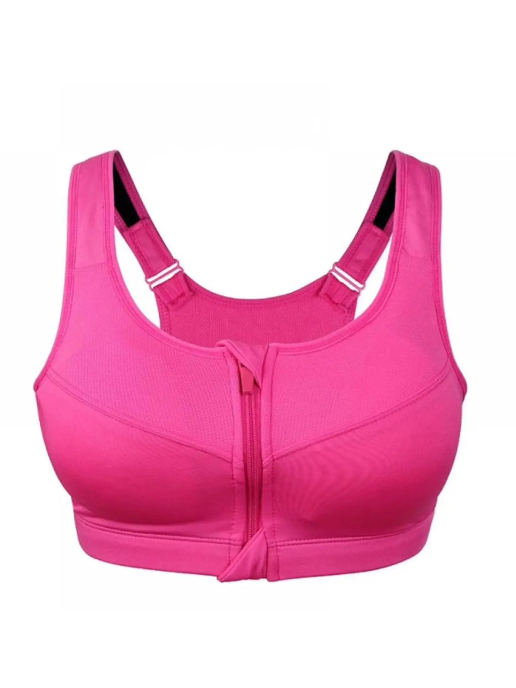 Vibrant Pink Front-Zip Athletic Sports Bra with Tonal Mesh-Look Paneling
