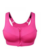 Vibrant Pink Front-Zip Athletic Sports Bra with Tonal Mesh-Look Paneling