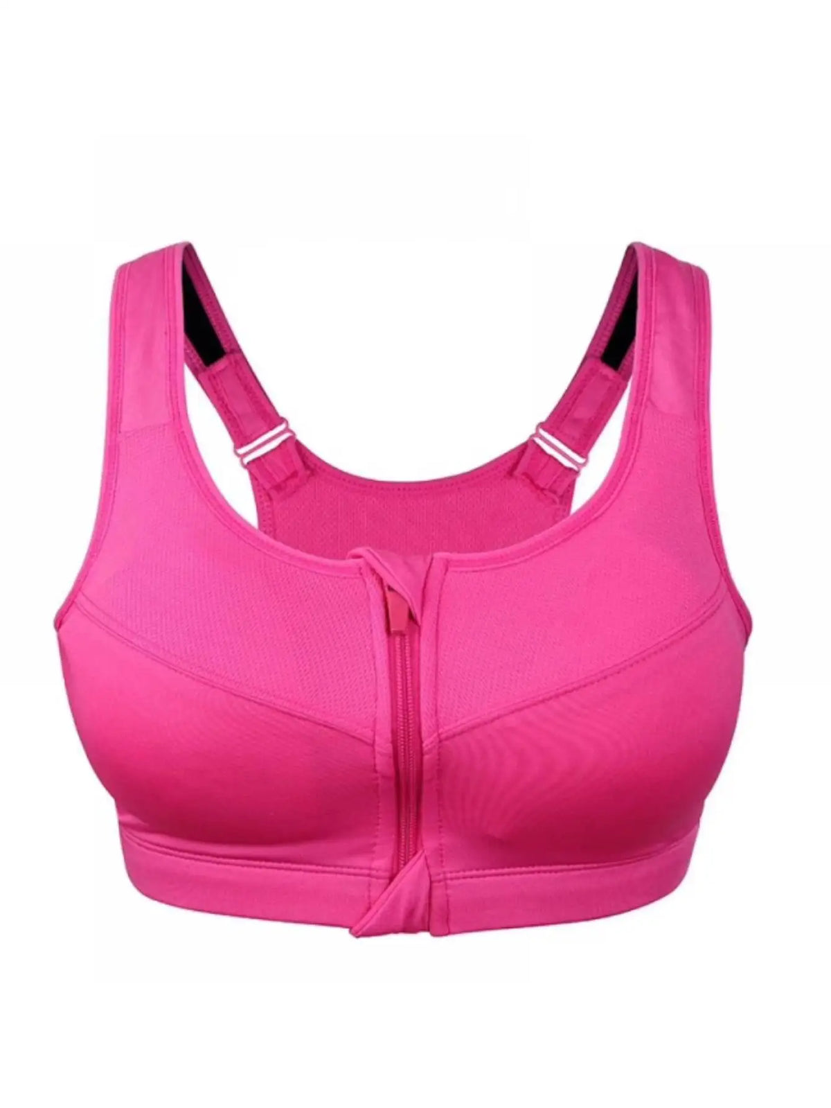 Vibrant Pink Front-Zip Athletic Sports Bra with Tonal Mesh-Look Paneling