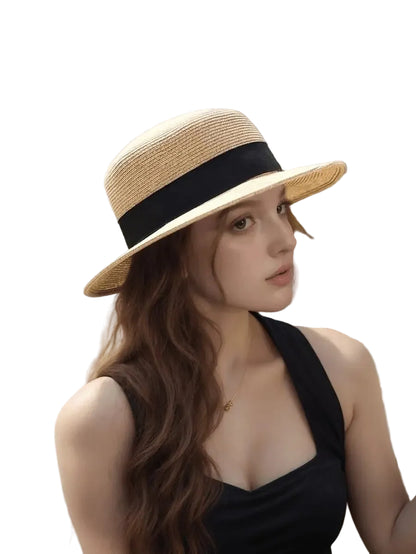 Women's Wide Brim Woven Straw Sun Hat with Decorative Band for Beach and Vacation Style